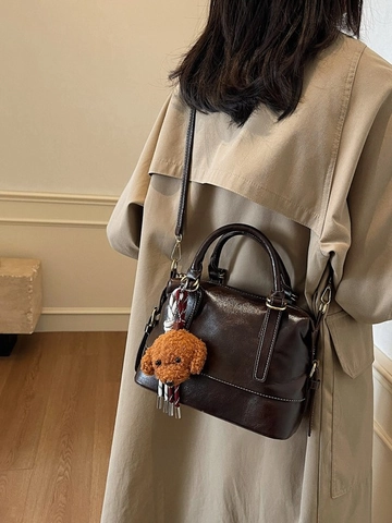 Borsa Boston Vintage in Pelle PU Con Ciondolo Orsetto Stile Coreano Borsa a Mano e Tracolla per Donna Lavoro Quotidiano