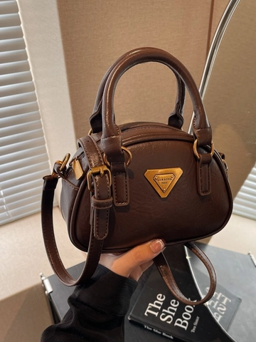 Bolso Bowling de Cuero PU Vintage para Mujer Bolso de Mano Bandolera de Moda Con Herrajes Dorados Rétro Color Sólido Mini Bolso Boston
