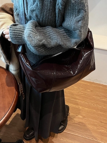 Minimalistische PU Leder Große Kapazität Hobo Tasche Für Damen Vintage Glänzende Textur Schulter Umhängetasche Mit Reißverschluss