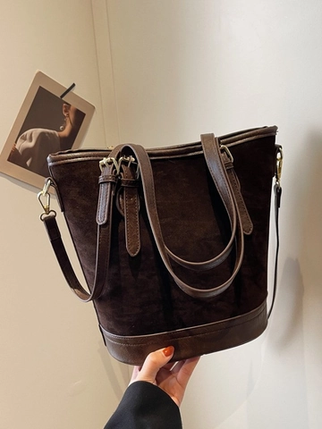 Bolso Cubo de Cuero PU Mate Vintage para Mujer Empalme Color de Contraste Bolso de Bandolera Minimalista Viaje Diario Tote
