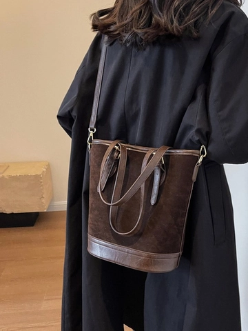 Bolso Cubo de Cuero PU Mate Vintage para Mujer Empalme Color de Contraste Bolso de Bandolera Minimalista Viaje Diario Tote