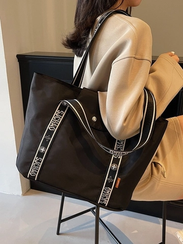 Borsa Tote in Nylon da Donna di Grande Capacità Borsa a Tracolla Versatile Con Fettuccia a Lettere per Scuola Pendolare Lavoro