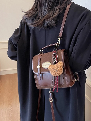 Zaino da Donna in PU e Camoscio in Stile Accademico Vintage Borsa a Tracolla Piccola Borsa Quadrata Con Ciondolo a Orsetto