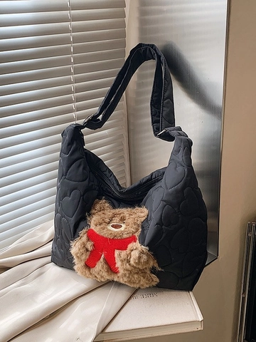Women Large Capacity Quilted Tote Bag Cute Cartoon Teddy Bear Embroidery Crossbody Bag Casual Heart Pattern Shoulder Bag