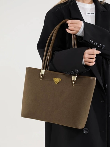 Große Kapazität Damen Tote Bag Wildleder PU Leder Pendeln Umhängetasche Mit Umgekehrtem Dreieck Metalldekor Retro Handtasche