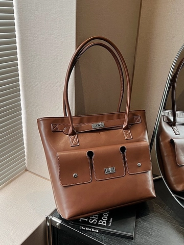 Borsa Tote in Pelle PU Vintage per Donna Grande Capacità Multi-Tasca Borsa a Tracolla Con Decorazione Turn-Lock Retrò Pendolare