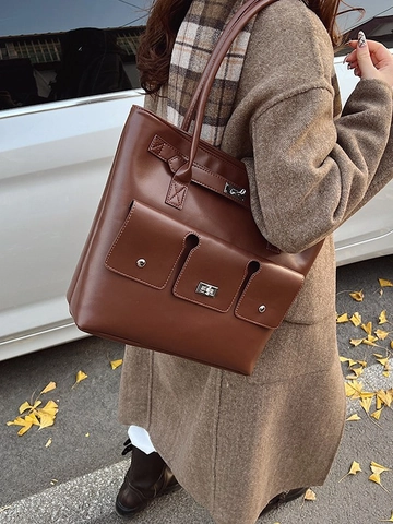 Borsa Tote in Pelle PU Vintage per Donna Grande Capacità Multi-Tasca Borsa a Tracolla Con Decorazione Turn-Lock Retrò Pendolare