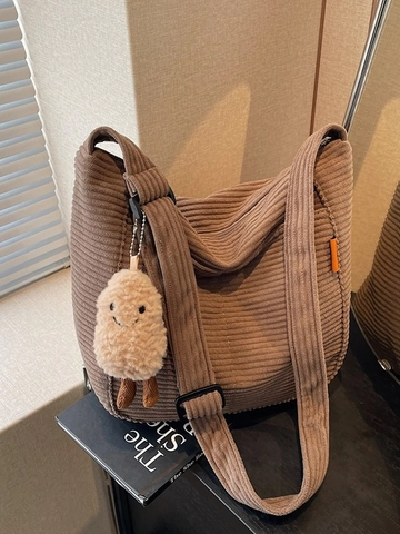 Bolso de Hombro de Pana de Gran Capacidad para Mujer Vintage Hobo Tote Bag Casual Bolso Bandolera Con Colgante de Peluche
