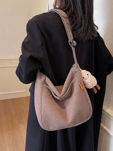 Bolso de Hombro de Pana de Gran Capacidad para Mujer Vintage Hobo Tote Bag Casual Bolso Bandolera Con Colgante de Peluche