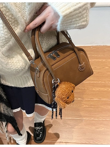 Borsa Bowling Boston da Donna in Pelle PU Retrò con Cuciture a Contrasto Borsa a Mano e Tracolla con Ciondolo Cane in Peluche