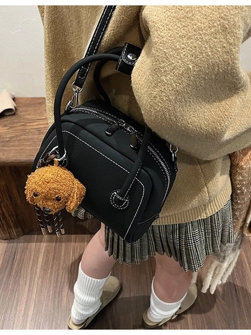 Borsa Bowling Boston da Donna in Pelle PU Retrò con Cuciture a Contrasto Borsa a Mano e Tracolla con Ciondolo Cane in Peluche