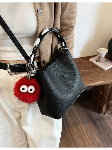 Fashion Women Bucket Bag Lychee Pattern PU Leather Crossbody Bag With Scarf Handle Plush Charm Shoulder Bag Versatile Purse