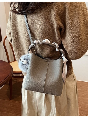 Fashion Women Bucket Bag Lychee Pattern PU Leather Crossbody Bag With Scarf Handle Plush Charm Shoulder Bag Versatile Purse