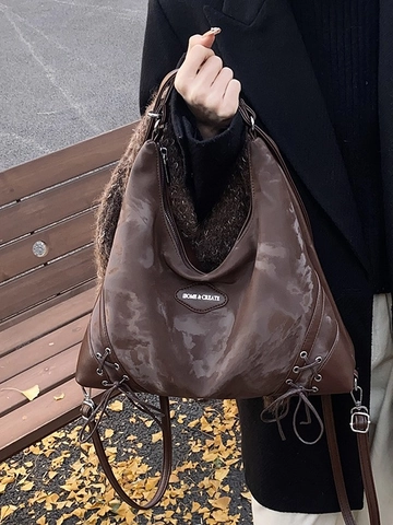 Vintage PU-Leder Hobo Umhängetasche Für Damen Große Kapazität Schnürung Tote Umhängetasche Casual Multi Use Rucksack Handtasche
