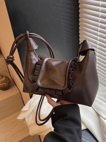 Borsa a Tracolla in Pelle PU con Volant per Donna Elegante Cinturino con Nodo Borsa a Spalla Retro Urbana Messenger