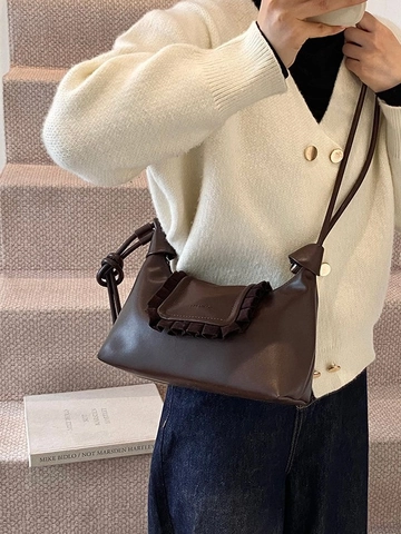 Borsa a Tracolla in Pelle PU con Volant per Donna Elegante Cinturino con Nodo Borsa a Spalla Retro Urbana Messenger