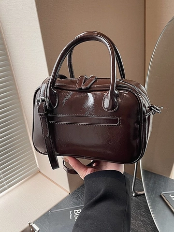 Borsa Boston Vintage in Pelle PU Lucida per Donna Moda Borsa a Mano Borsa a Tracolla Con Tracolla Regolabile Quadrata