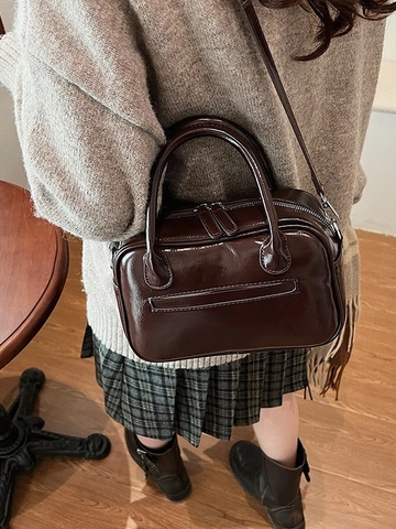 Borsa Boston Vintage in Pelle PU Lucida per Donna Moda Borsa a Mano Borsa a Tracolla Con Tracolla Regolabile Quadrata