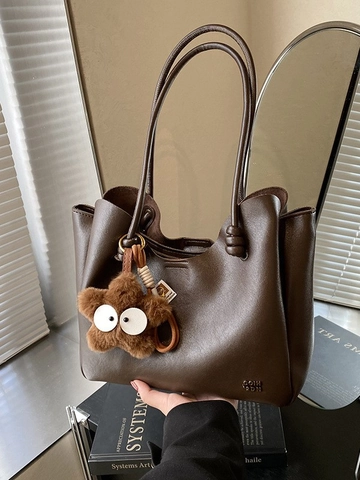 Bolso Tote de Gran Capacidad de Cuero PU para Mujer Bolso de Hombro Viajero Vintage Color Sólido Bolsa de Compras Con Colgante de Estrella de Felpa