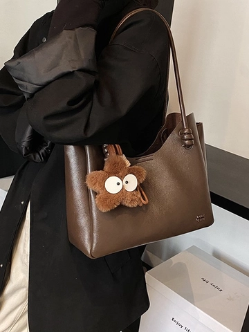 Bolso Tote de Gran Capacidad de Cuero PU para Mujer Bolso de Hombro Viajero Vintage Color Sólido Bolsa de Compras Con Colgante de Estrella de Felpa