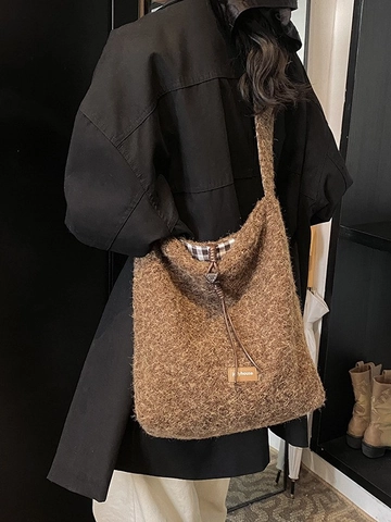 Women Lazy Style Boucle Plush Tote Bag Large Capacity Minimalist Solid Color Shoulder Crossbody Bag With Gingham Lining
