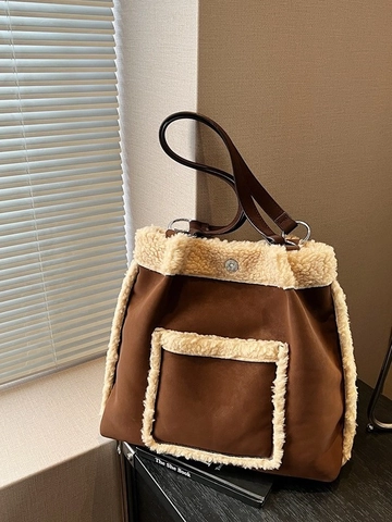 Bolso Tote de Gamuza Vintage Con Ribete de Peluche de Lana de Cordero de Imitación Contraste de Color Bolso Cubo de Hombro Mujer Otoño Invierno