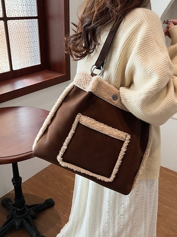 Bolso Tote de Gamuza Vintage Con Ribete de Peluche de Lana de Cordero de Imitación Contraste de Color Bolso Cubo de Hombro Mujer Otoño Invierno