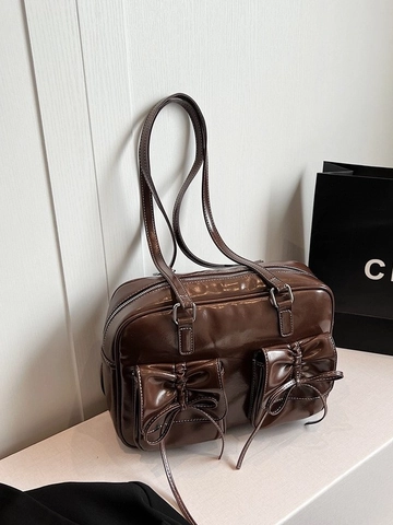 Vintage PU Leather Bow Shoulder Bag Large Capacity Contrast Stitching Boston Handbag Daily Travel Backpack For Women