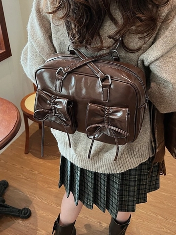 Vintage PU Leather Bow Shoulder Bag Large Capacity Contrast Stitching Boston Handbag Daily Travel Backpack For Women