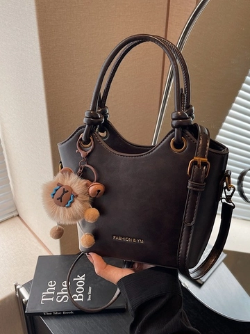 Borsa a Secchiello da Donna in Pelle PU Vintage Stile Coreano Minimalista Borsa a Mano a Tracolla Con Ciondolo a Pecora