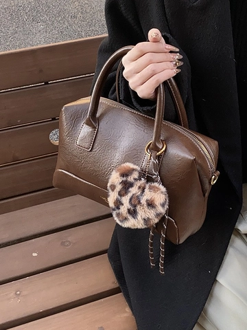 Vintage Women PU Leather Boston Pillow Bag Retro Small Crossbody Handbag With Leopard Heart Pendant Fashion Daily Shoulder Bag