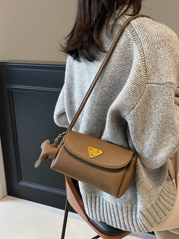 Damen Vintage Litschikorn PU Leder Kleine Quadratische Umhängetasche Mit Metall Dreiecksplatte Und Süßem Tieranhänger Schultertasche