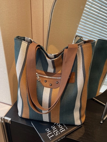 Mode Damen Große Kapazität Canvas Einkaufstasche Vertikale Streifen Schultertasche Nieten Leder Patch Reißverschluss Pendler Tasche