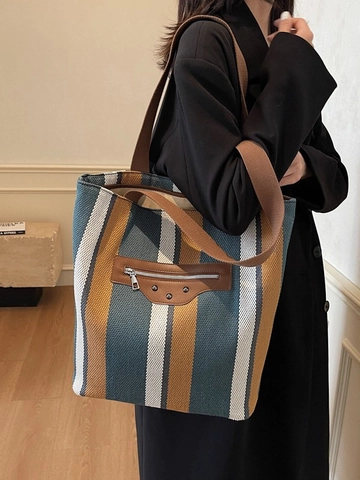 Mode Damen Große Kapazität Canvas Einkaufstasche Vertikale Streifen Schultertasche Nieten Leder Patch Reißverschluss Pendler Tasche