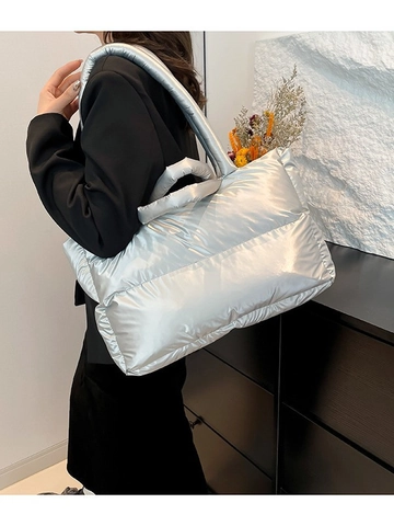 Women Glossy Quilted Puffy Tote Bag Large Capacity Down Style Shoulder Bag Casual Commuter Handbag Versatile Shopping Bag