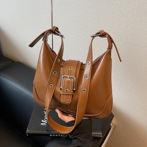 Bolso de Axila Hobo Vintage para Mujer de Cuero de PU Color Sólido Bolso de Hombro Con Correa Ajustable Hebilla de Metal