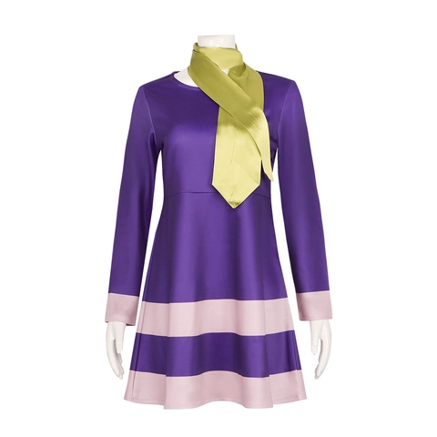 Damen Lila Langarm Cosplay Kleid Und Grüner Schal Gestreifter Saum Satin Rollenspiel Kostüm Für Halloween Party