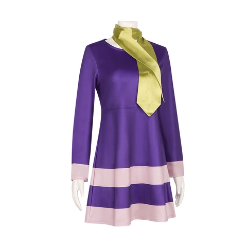 Damen Lila Langarm Cosplay Kleid Und Grüner Schal Gestreifter Saum Satin Rollenspiel Kostüm Für Halloween Party