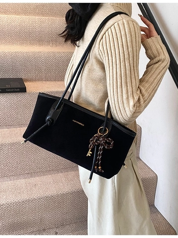 Women Retro Frosted PU Suede Texture Large Capacity Tote Bag Commuter Minimalist Shoulder Bag With Bow Key Pendant Handbag