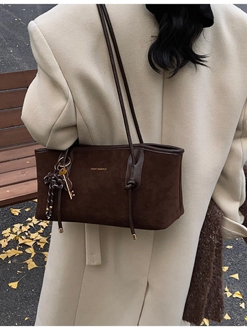 Women Retro Frosted PU Suede Texture Large Capacity Tote Bag Commuter Minimalist Shoulder Bag With Bow Key Pendant Handbag