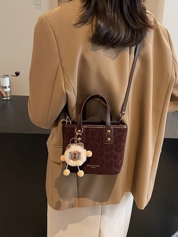 Vintage Leopardenmuster Beuteltasche Für Damen Mode PU Leder Umhängetasche Mit Plüsch Anhänger Lässige Schultertasche