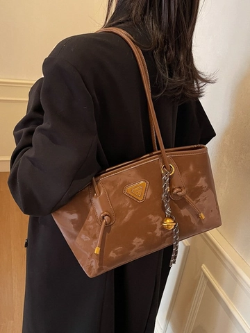 Borsa Tote da Donna alla Moda in Tessuto Plaid a Contrasto con Etichetta in Metallo e Ciondolo a Campanella Borsa Sottoascellare Retro