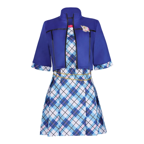 Prinzessinnen-Akademie Isla Cosplay Kostüm Königsblaue Jacke Und Kariertes Faltenkleid Mit Goldenem Kettengürtel Halloween Outfit