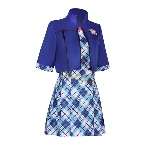 Prinzessinnen-Akademie Isla Cosplay Kostüm Königsblaue Jacke Und Kariertes Faltenkleid Mit Goldenem Kettengürtel Halloween Outfit