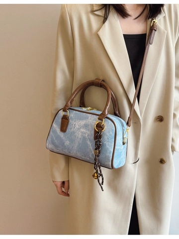 Borsa Boston da Donna in Pelle PU Vintage Borsa a Mano in Contrasto Colore Con Ciondolo Campanello Borsa a Tracolla alla Moda