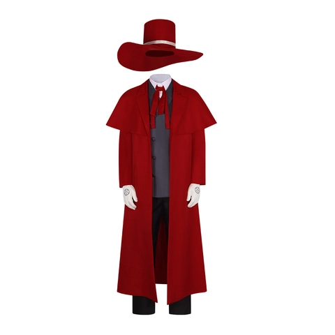 Costume De Cosplay Chasseur De Vampires Anime Ensemble Complet Long Manteau Rouge Chapeau Gilet Chemise Pantalon Gants Uniforme Halloween