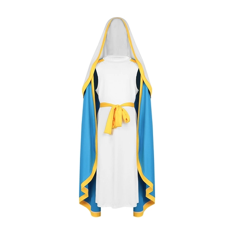 Maagd Maria Cosplay Kostuum Vrouwen Meisjes Heilige Maria Religieuze Middeleeuwse Mantel met Capuchon Witte Robe Gele Riem Outfit