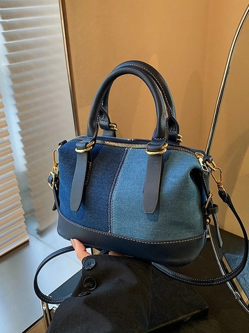 Sac à Main Femme Denim Patchwork Cuir PU Sac Boston Mini Oreiller Sac en Bandoulière Matériel Doré Décontracté Voyage