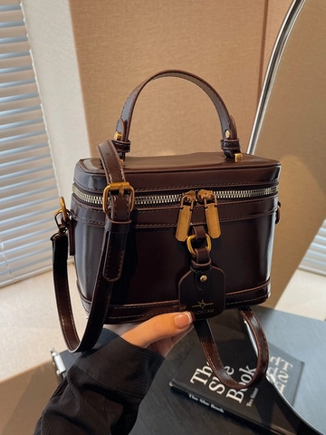 Women's Vintage Box Handbag PU Leather Vanity Crossbody Bag With Double Zipper And Top Handle Shoulder Bag For Daily Use