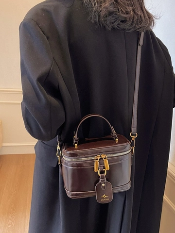 Women's Vintage Box Handbag PU Leather Vanity Crossbody Bag With Double Zipper And Top Handle Shoulder Bag For Daily Use